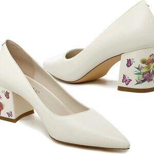 Reitoye Women's Chunky Heel Pumps Closed Toe Dress Pump Heels White